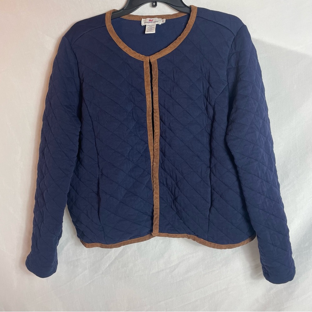 Vineyard Vines Womens L Quilted Jacket Navy  Tan Suede Trim English Estate Field